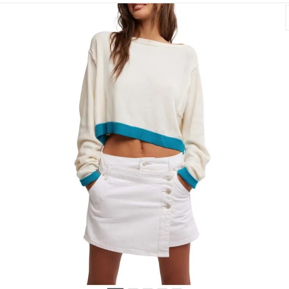 Free People We The Free Into The Blue Stripe Crop Sweater - Tropical Blue Combo